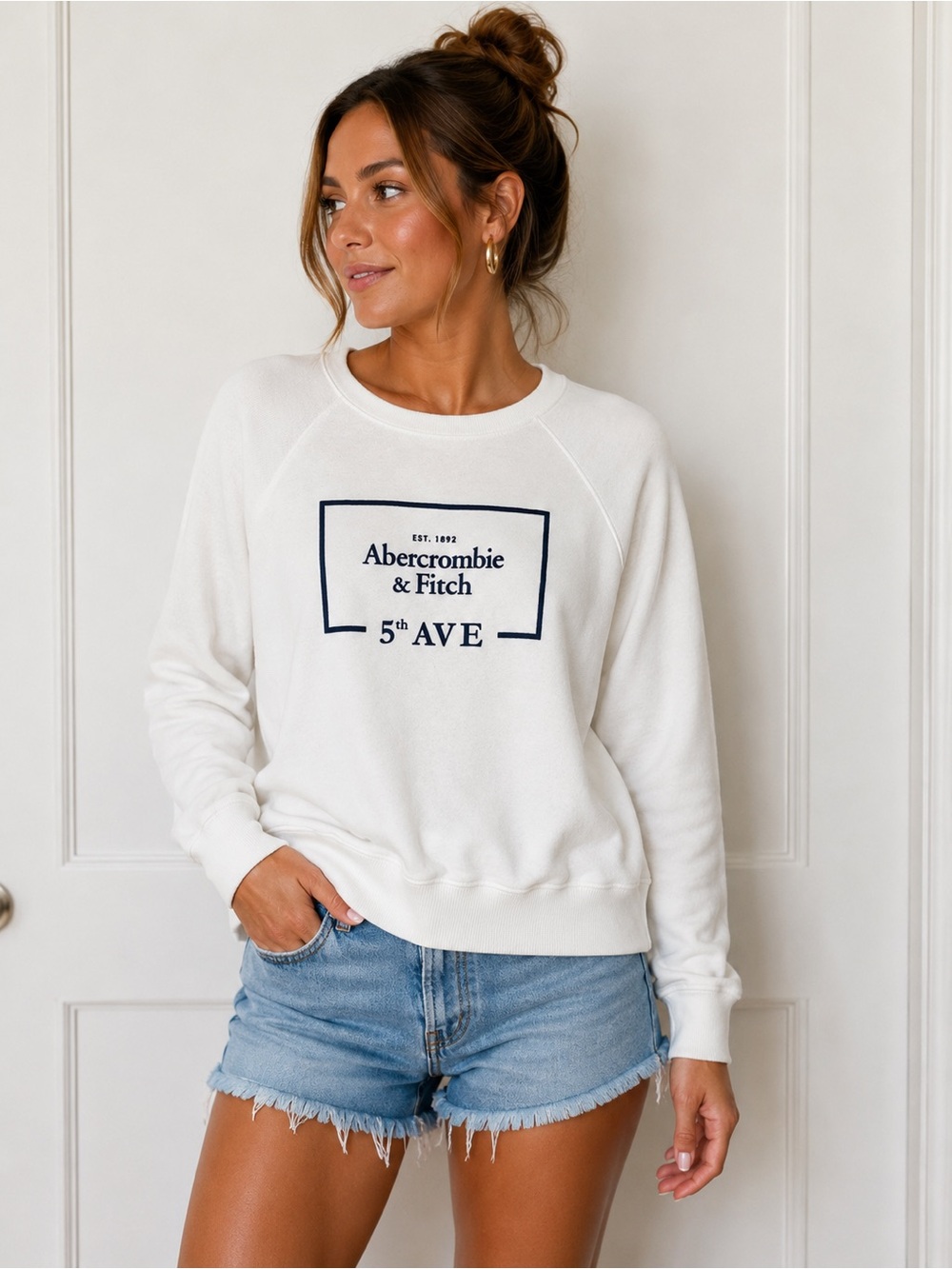 Abercrombie & Fitch White Crewneck Sweater with Navy Logo